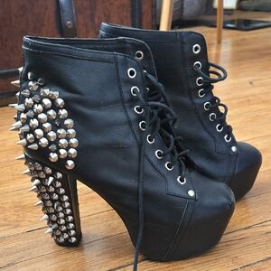 Jeffrey Campbell Black Lace-Up Platform Ankle Boots with Silver Studs